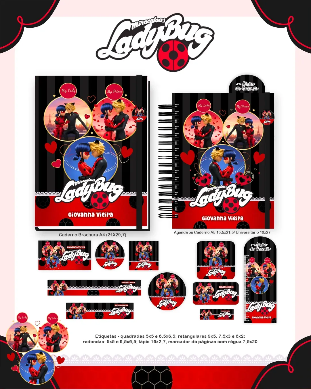Pack artes personagem Lady Bug volta as aulas estampas para agenda caderno capas etiquetas fichario