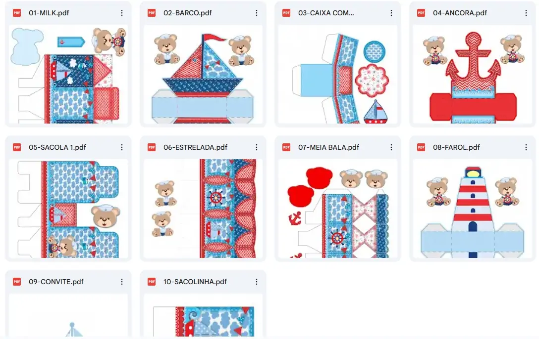 Ursinho marinheiro barco caixa milk ancora sacola estrelada meia farol convite