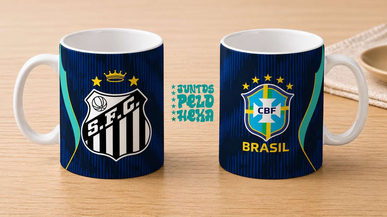 Arte Para Caneca Seleção Brasileira Azul Mais Time Santos