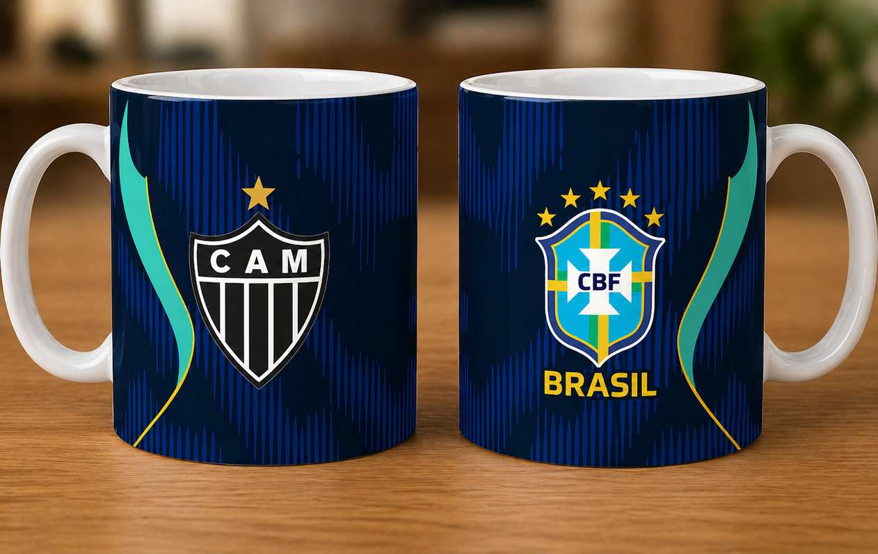 Arte Para Caneca Seleção Brasileira Azul Mais Time Atlético Mineiro