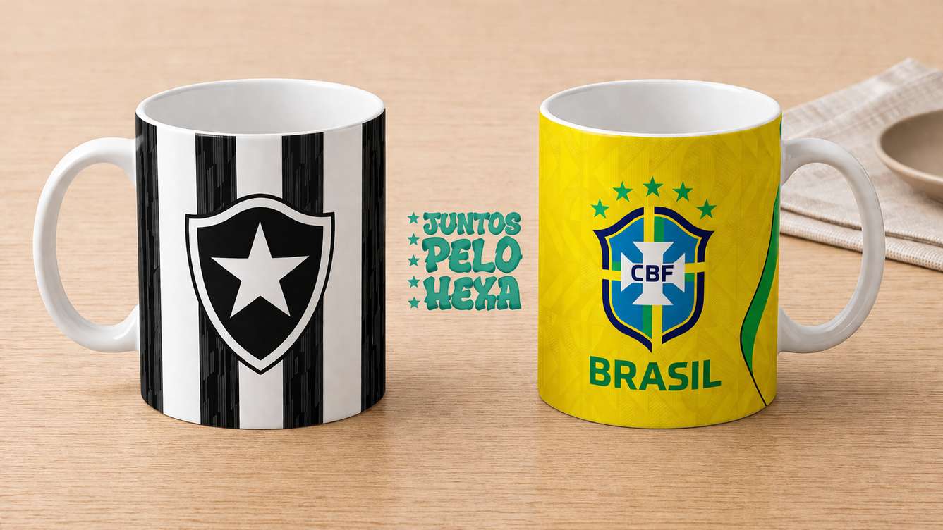 Arte Para Caneca Seleção Brasileira Amarela Mais Time Botafogo
