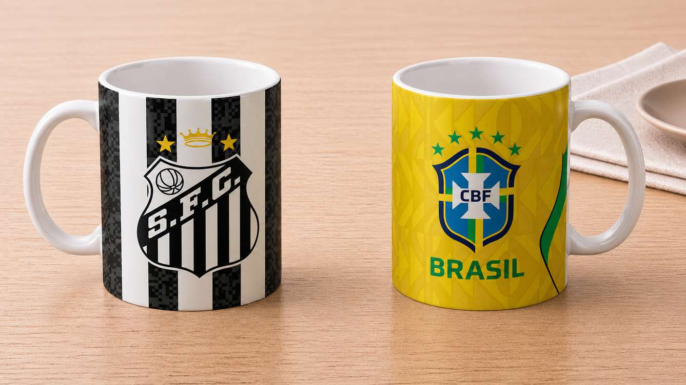 Arte Para Caneca Seleção Brasileira Amarela Mais Time Santos