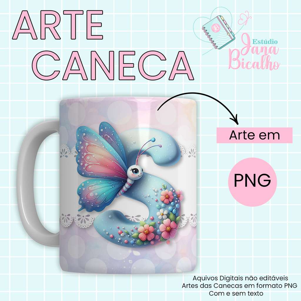 Arte Caneca Letra S Borboleta Flores Canecas Png Arte Para Caneca Grátis Pra Baixar