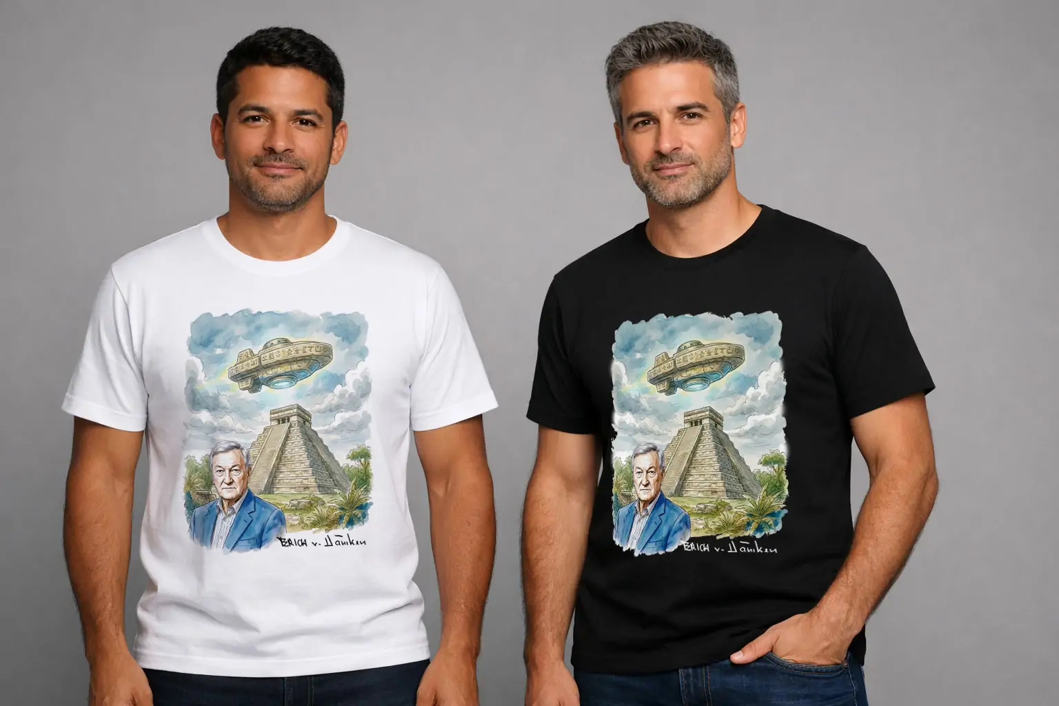 Arte homenagem autografo Erich von daniken eram deuses ou astronautas para camisetas