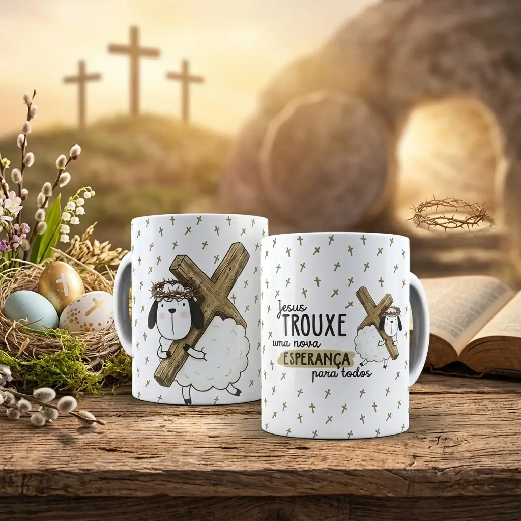 Arte para caneca Ovelhinha da páscoa Jesus Trouxe uma nova esperança para todos