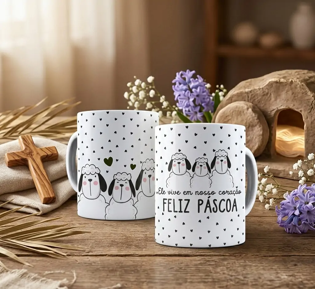 Arte Ovelhinhas da páscoa Ele vive em nosso coração pra caneca