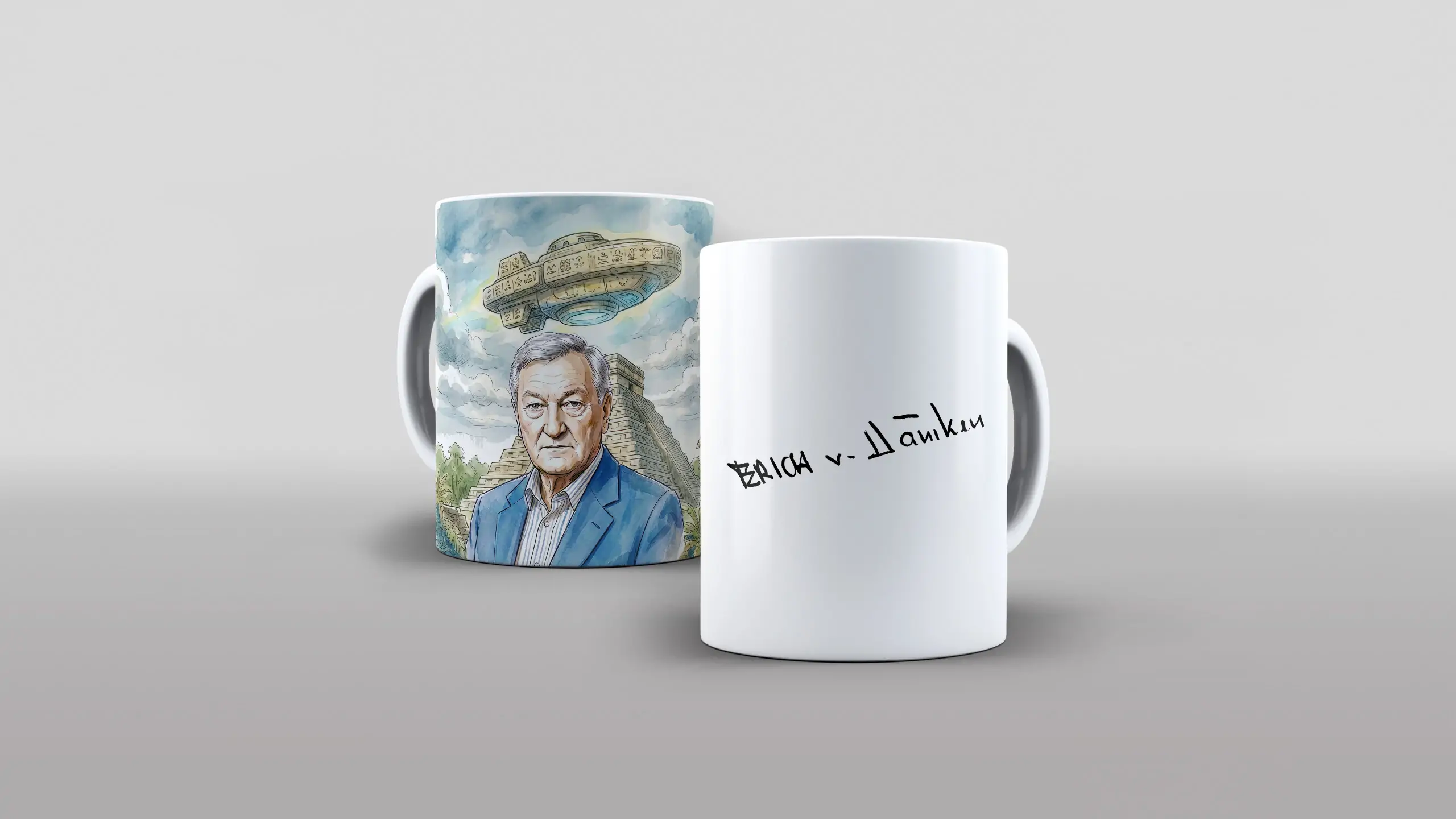 Arte homenagem autografo Erich von daniken eram deuses ou astronautas pra caneca