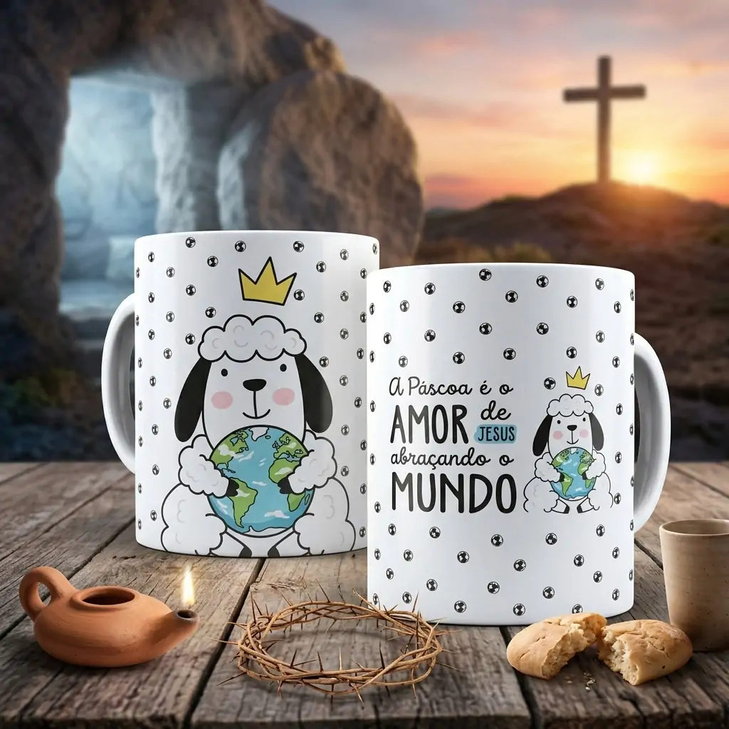 Arte Ovelhinha A Páscoa é o amor de Jesus abraçando o mundo para caneca