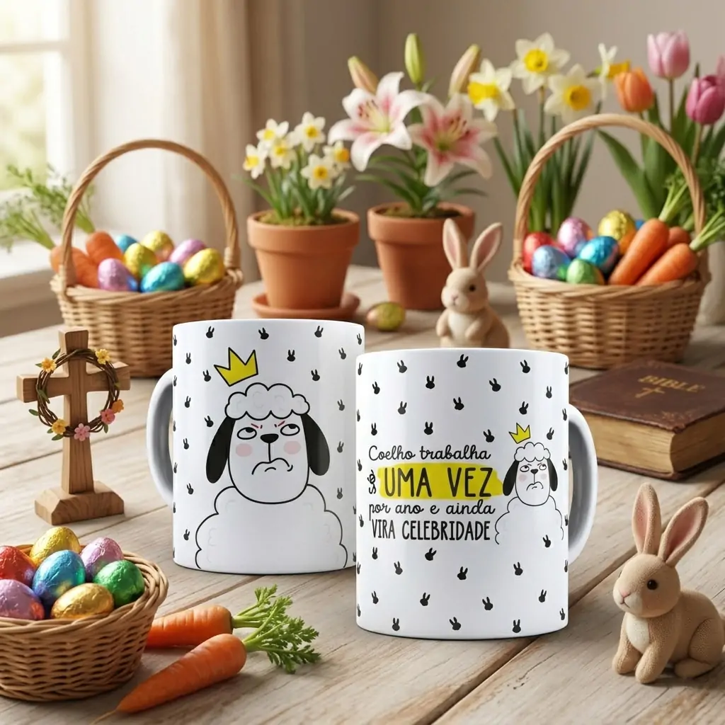 Arte Ovelhinha da pascoa coelho trabalha só uma vez por ano e ainda vira celebridade para caneca