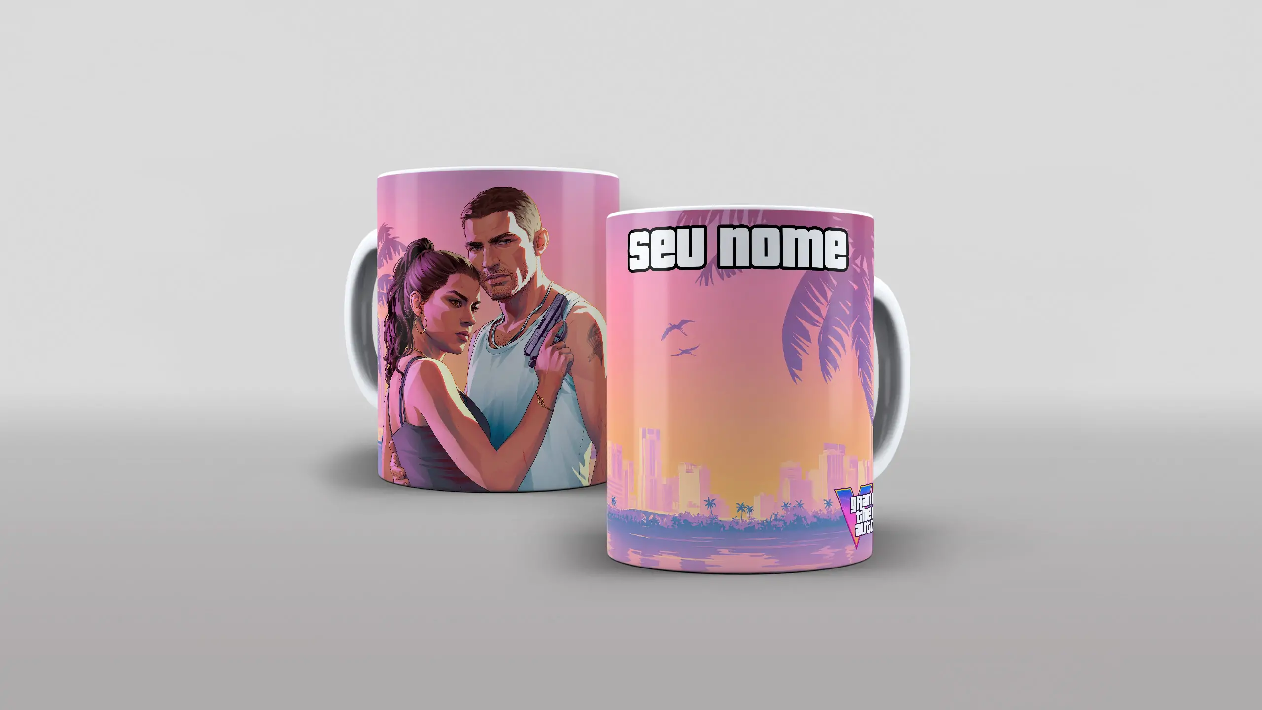 2 modelo de Arte para caneca Lucia e Jason com nome editável GTA 6 Grand Theft Auto VI