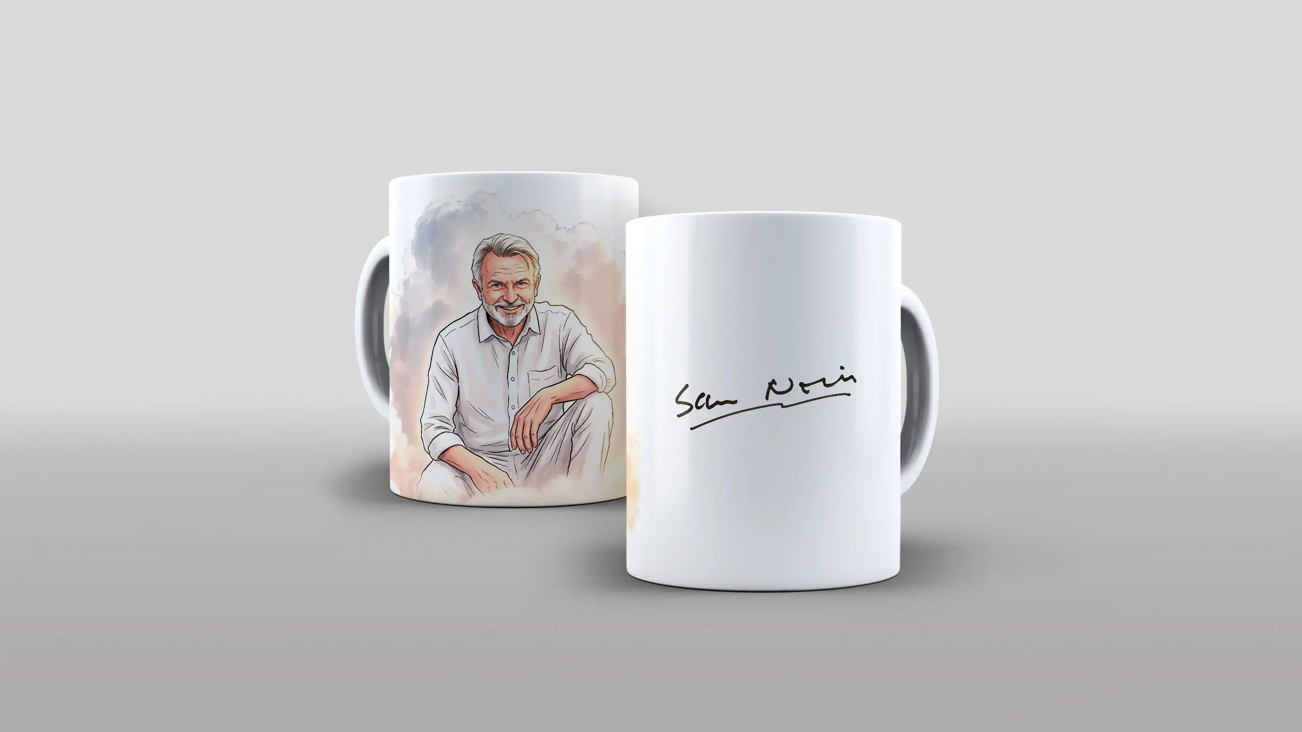 Arte Sam Neill autografo assinatura homenagem para caneca