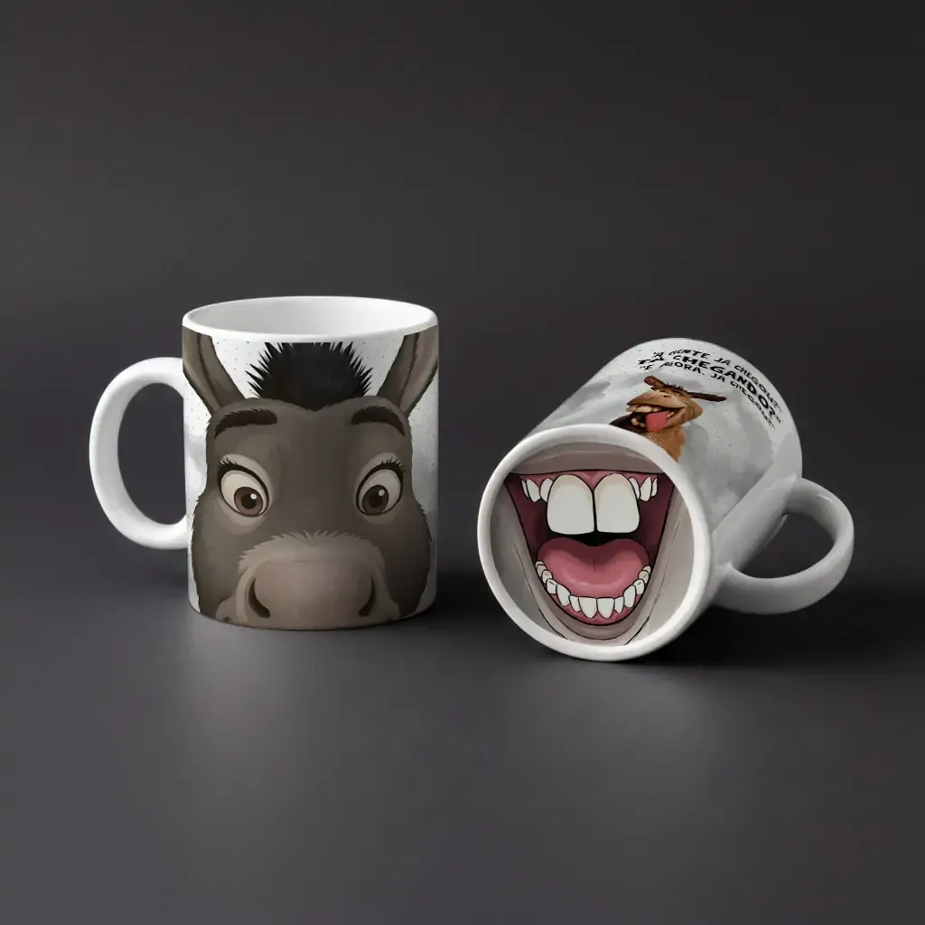Arte para caneca bocão Burro amigo do Shrek a gente já chegou tá chegando e agora com boca no fundo