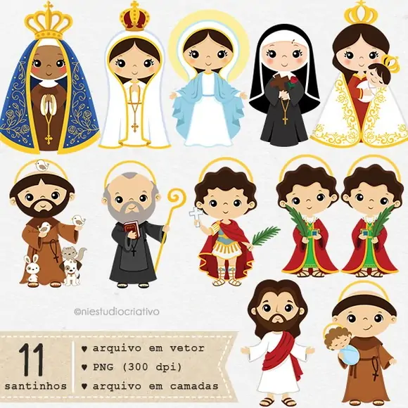 Kit Digital 11 Santinhos Católicos PNG + Vetor AI