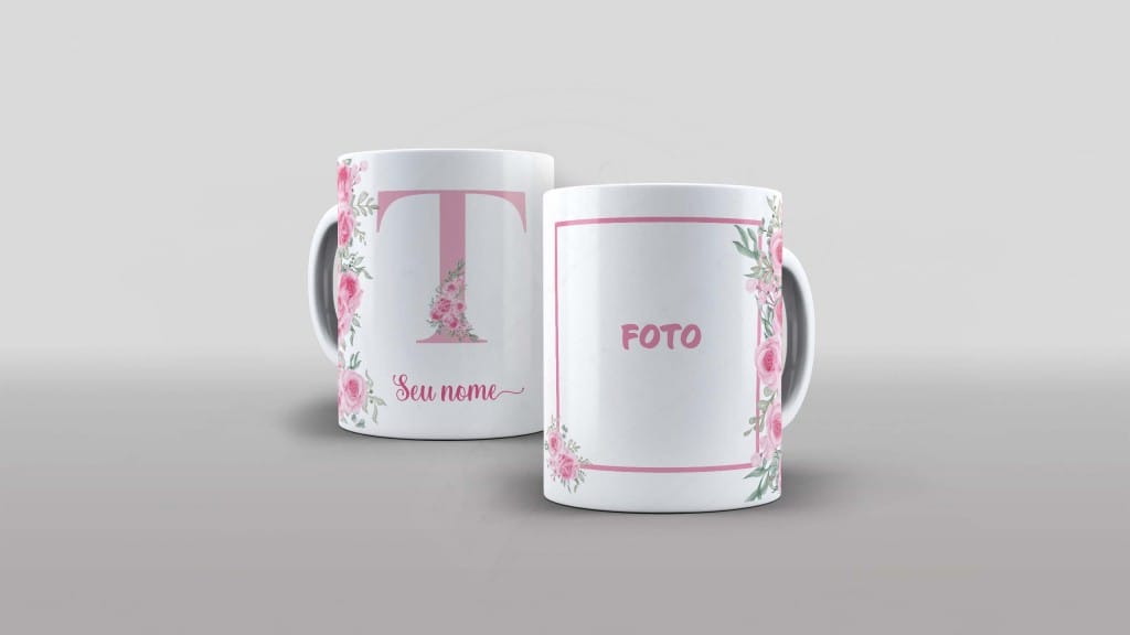 ARTE PARA CANECA -ALFABETO COM FOTO E NOME FLORAL  - LETRA T-1011