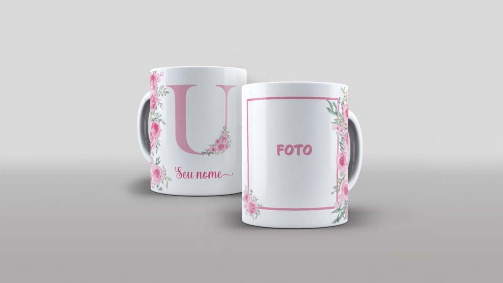 ARTE PARA CANECA COM NOME E FOTO - ALFABETO FLORAL LETRA U-1019