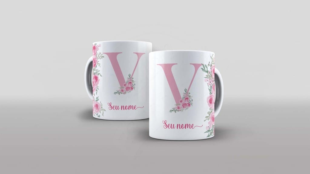 ARTE PARA CANECA - ALFABETO COM NOME FLORAL LETRA V-1020