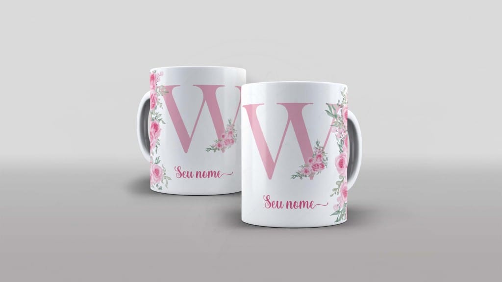 ARTE PARA CANECA - ALFABETO COM NOME FLORAL- LETRA W-1022