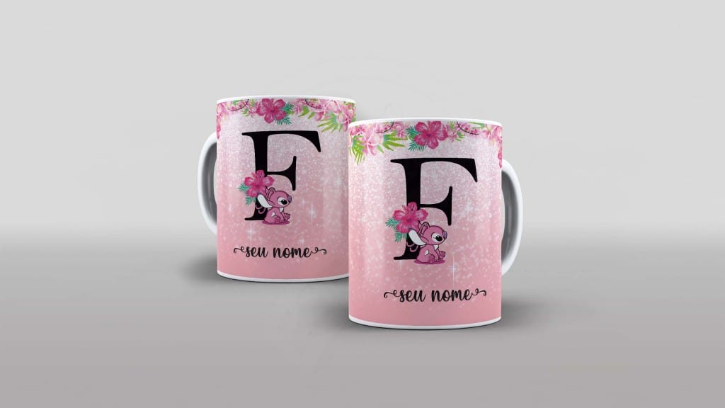 ARTE PARA CANECA  - ALFABETO - STITCH ANGEL - LETRA F-1094