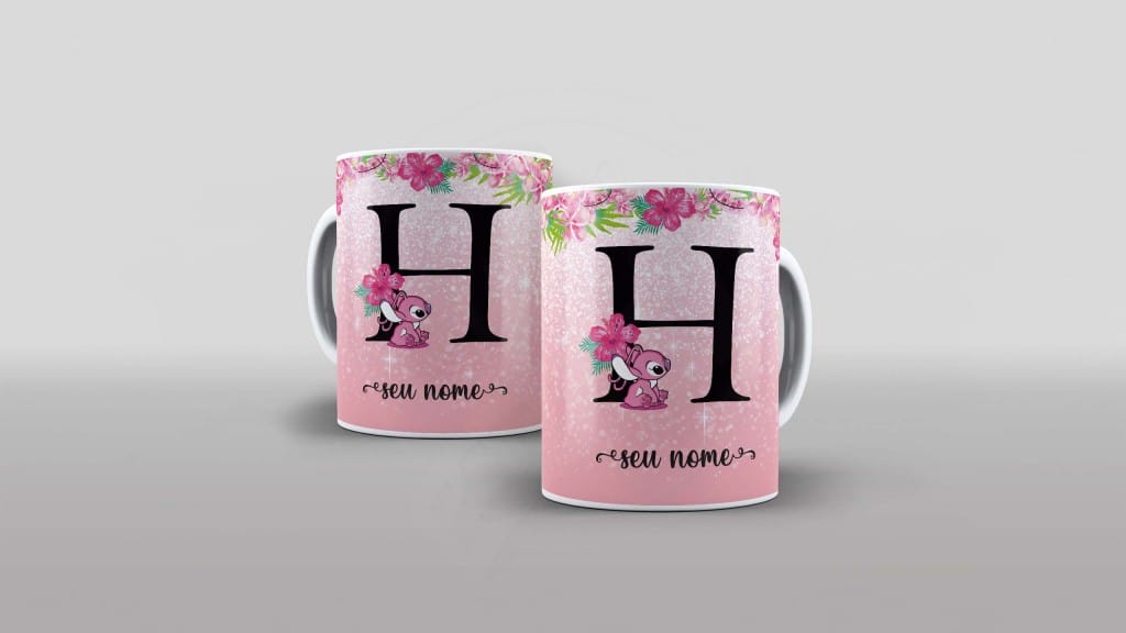 ARTE PARA CANECA  - ALFABETO - STITCH ANGEL - LETRA H-1096