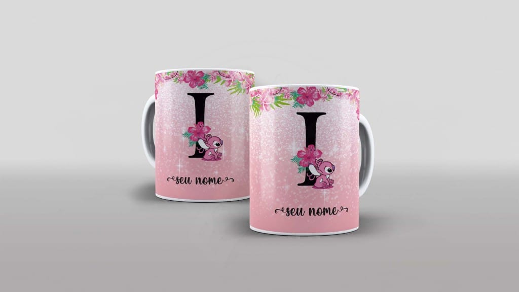 ARTE PARA CANECA  - ALFABETO - STITCH ANGEL - LETRA I-1097