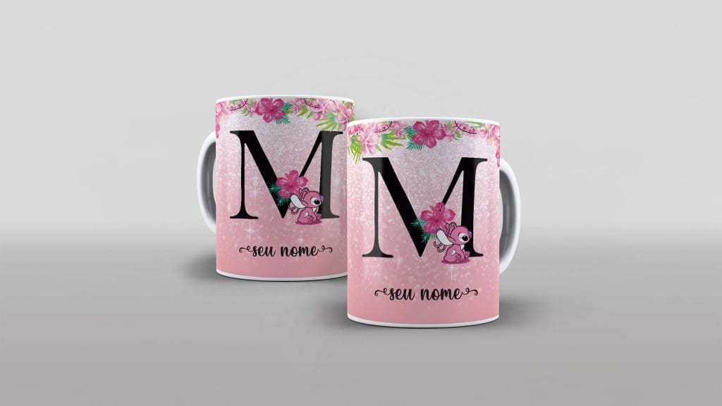 ARTE PARA CANECA  - ALFABETO - STITCH ANGEL - LETRA M-1101