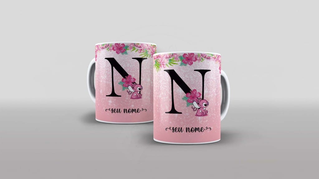 ARTE PARA CANECA  - ALFABETO - STITCH ANGEL - LETRA N-1102