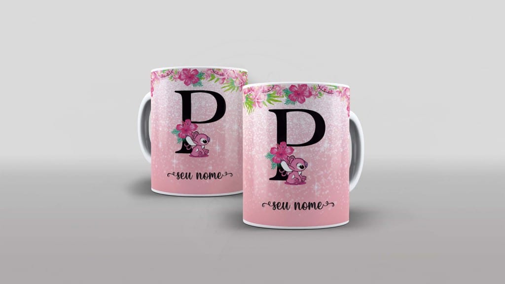 ARTE PARA CANECA  - ALFABETO - STITCH ANGEL - LETRA P-1104
