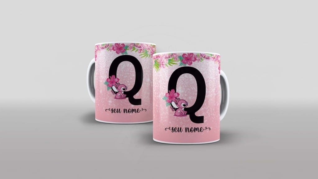 ARTE PARA CANECA  - ALFABETO - STITCH ANGEL - LETRA Q-1105
