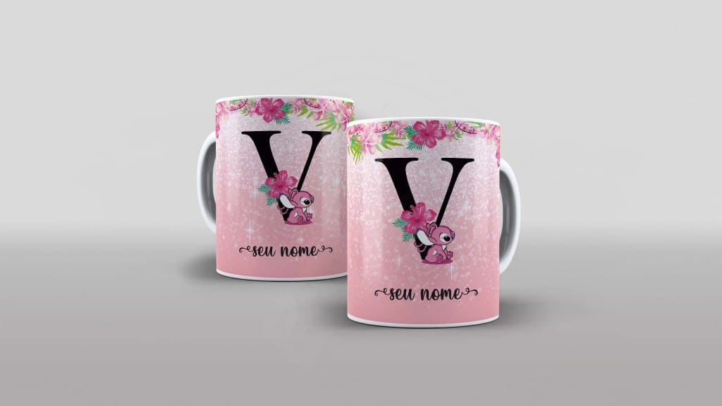 ARTE PARA CANECA  - ALFABETO - STITCH ANGEL - LETRA V-1110