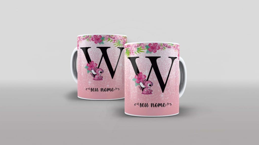 ARTE PARA CANECA  - ALFABETO - STITCH ANGEL - LETRA W-1111