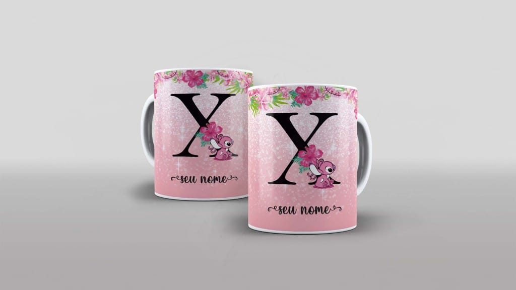 ARTE PARA CANECA  - ALFABETO - STITCH ANGEL - LETRA X-1112