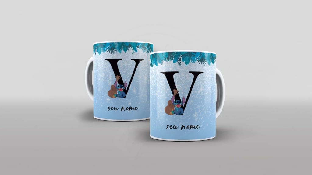 ARTE PARA CANECA  - ALFABETO - STITCH - LETRA V-1135