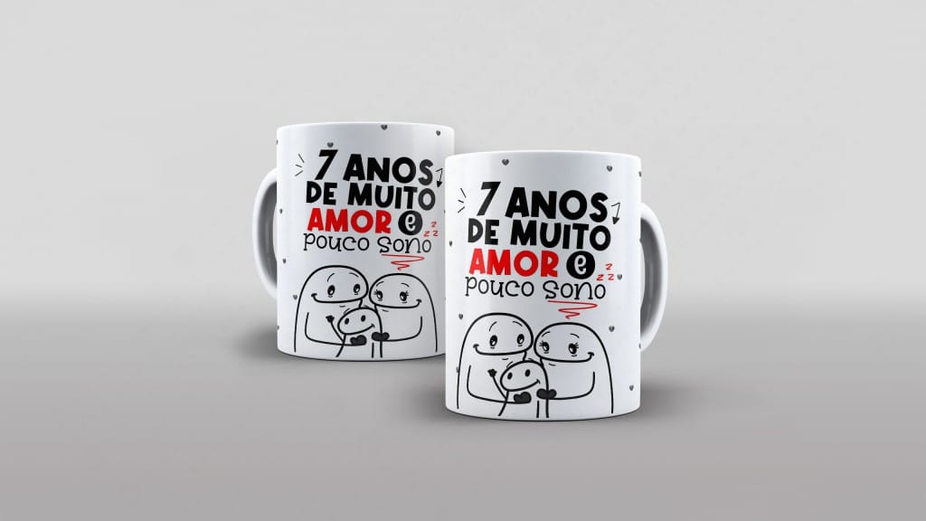 Arte sete anos de muito amor e pouco sono para caneca clube das estampas-6095