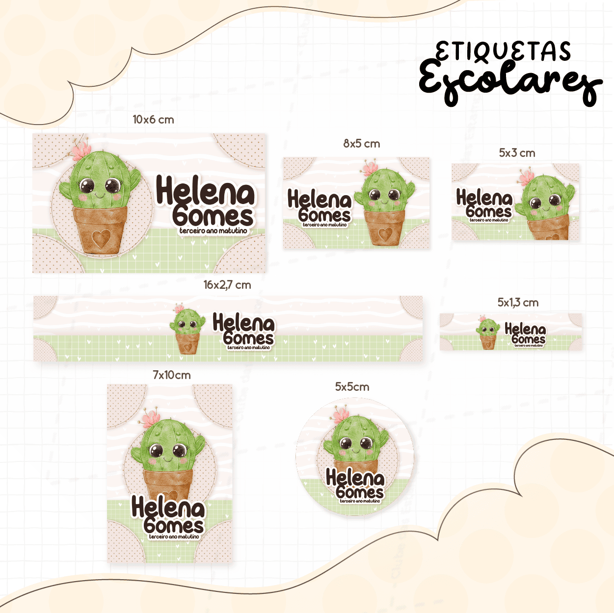 Arte etiqueta escolares cacto fofo com nome-7920
