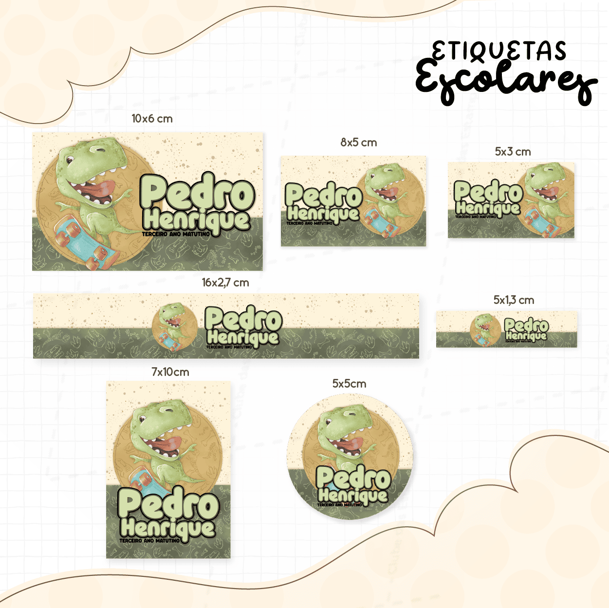 Arte etiquetas escolares dinossauro rex de skate com nome-7929