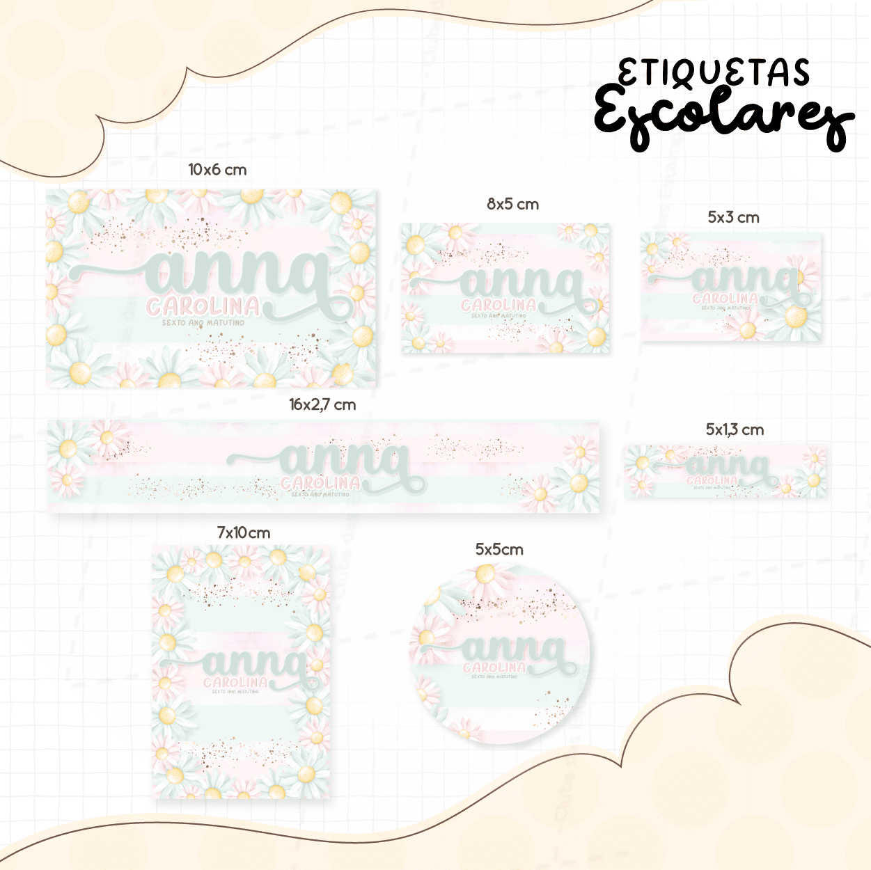 Arte etiquetas escolares margaridas com nome-7932