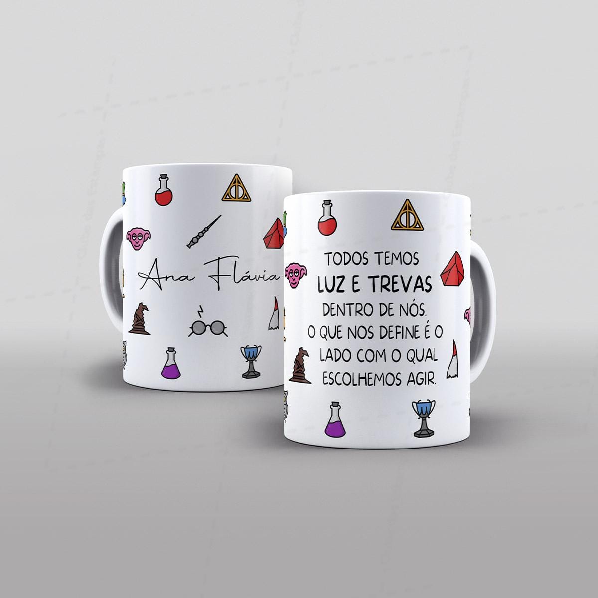 Arte Harry Potter com nome e frase todos temos luz e trevas dentro de nos o que nos define e o lado